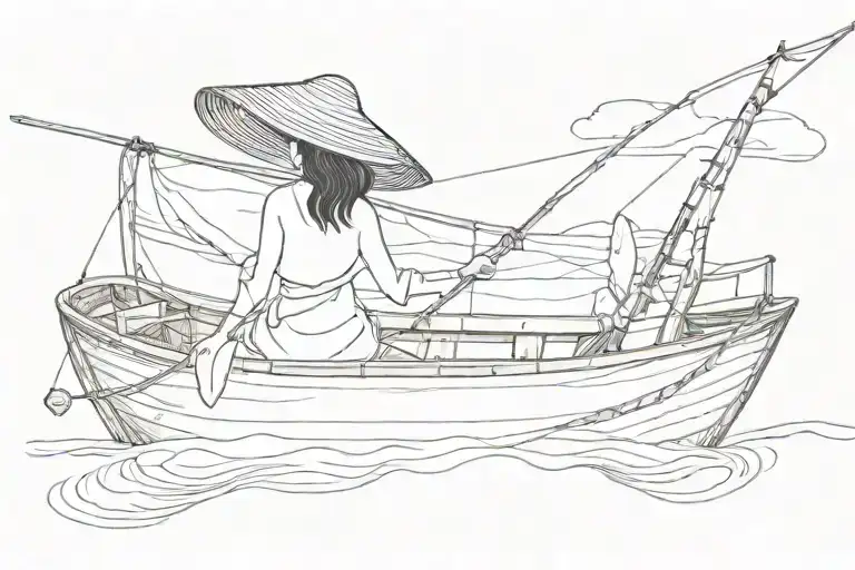 A Silloette Of A Woman With A Vietnamese Hat On A Vietnamese Fishing Boat With No Background