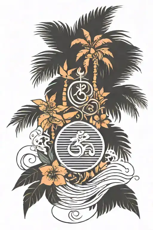 Palm Tree And Om Symbol And Ocean Wave And Some Flowers