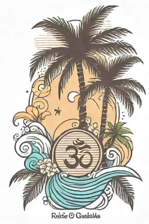Simple Design Of A Simple Palm Tree And Om Symbol And Ocean Wave And Some Simple Flowers