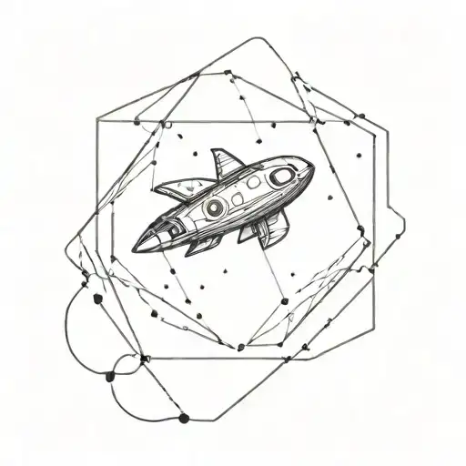 Fine Line Tattoo Of A Spaceship Flying Through A Dotted Hypnotic Swirl In A Hexagon Frame