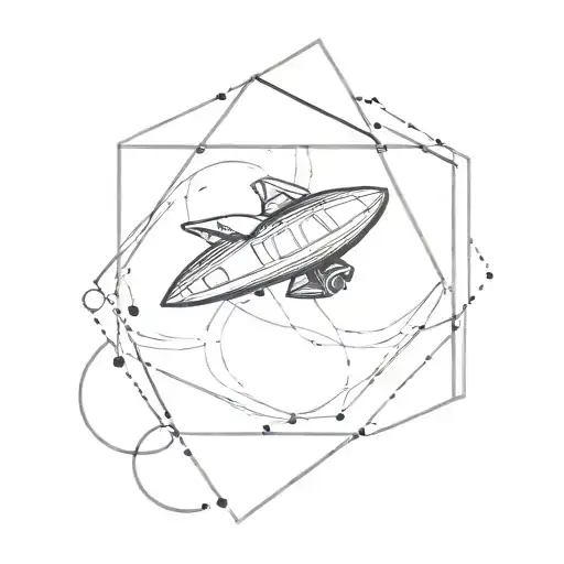 Fine Line Tattoo Of A Spaceship Flying Through A Dotted Hypnotic Swirl In A Hexagon Frame
