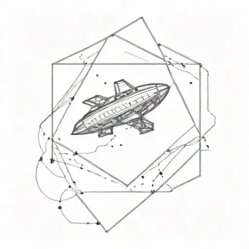 Fine Line Tattoo Of A Spaceship Flying Through A Dotted Hypnotic Swirl In A Hexagon Frame
