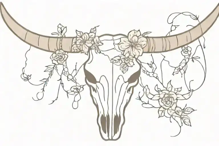 Longhorn Cow Skull With Flowers And Barbed Wire Around Horns