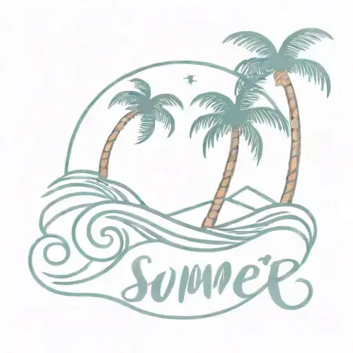 A Minimalist Palm Tree And Ocean Wave Design With The Word 'Summer' Incorporated
