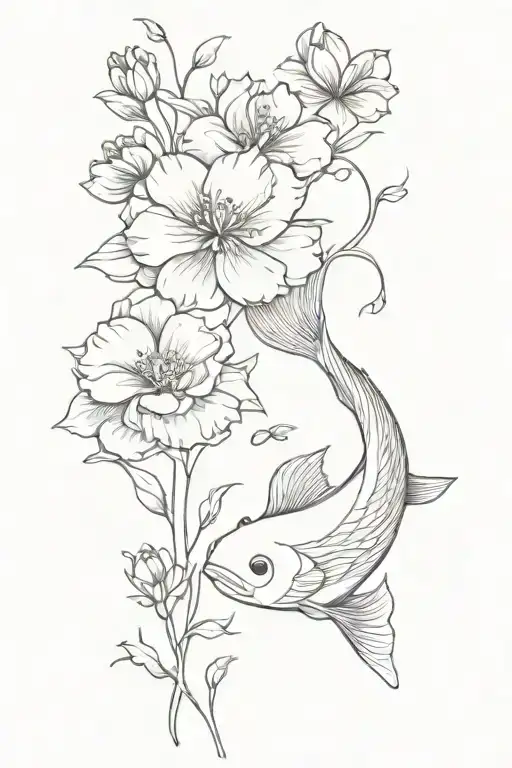 Coi Fish Swimming And Flowers Blooming