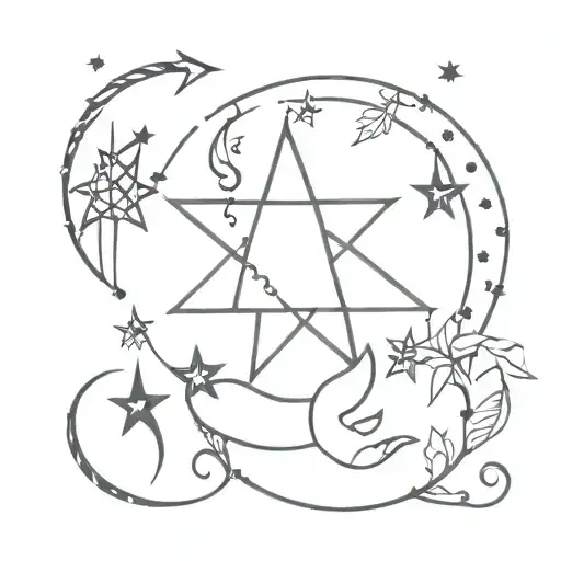 Witchy Hand Tattoo Design Moon Pentacle Dots Stripes Leafs