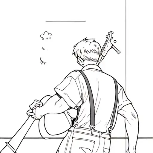 Boy Walking Away Wearing A Shirt And Suspenders Wearing A Guitar On His Back