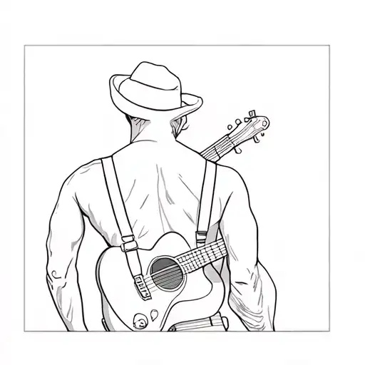 Man Standing With His Back To You Wearing Suspenders Wearing A Guitar On His Back