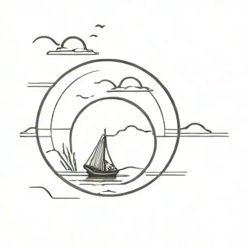 A Circular Design Of A Traditional Vietnamese Boat In The Distance