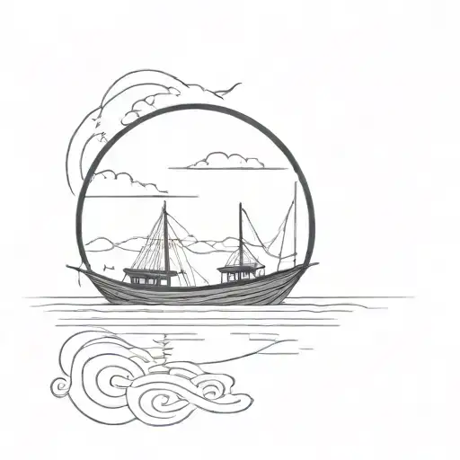 A Circular Design Of A Traditional Vietnamese Boat In The Distance
