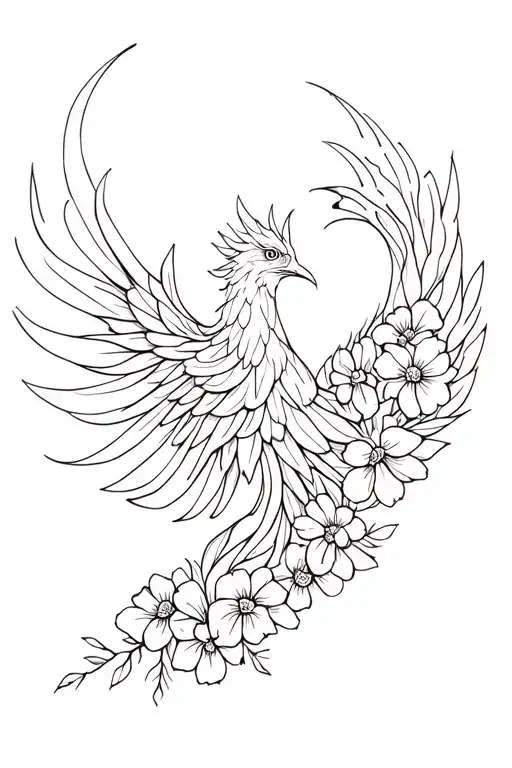 Fine Line Abstract Phoenix Made Out Of Flowers
