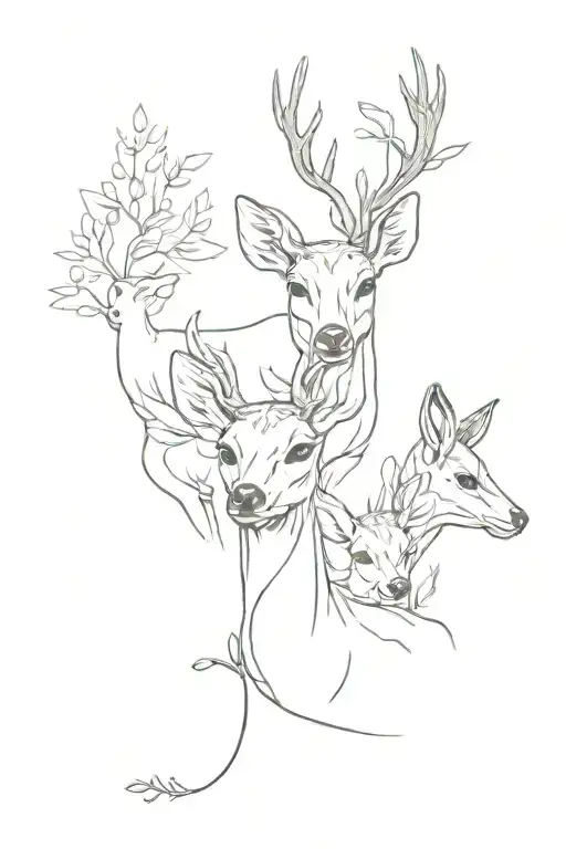 Deer Mother With Two Baby Deers Head With A Nature