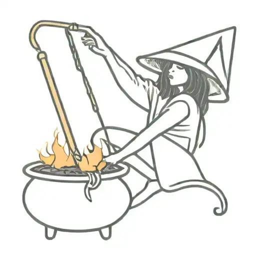 Cauldron Witch Broom Leaning On It