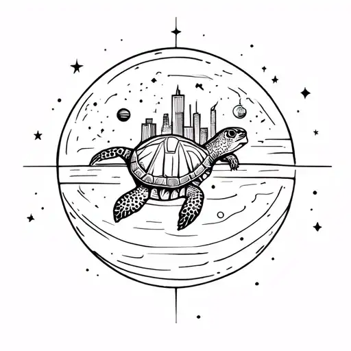 Turtle In The Space With A City On The Shell Pattern