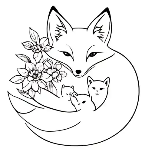 Mom Fox With Two Babies And Flowers