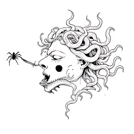 Medusa Head With A Serpent Coming Out Of Its Mouth To Eat A Spider