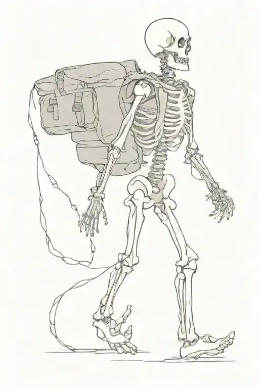 Tall Skeleton Waking Carrying Only A Rucksack