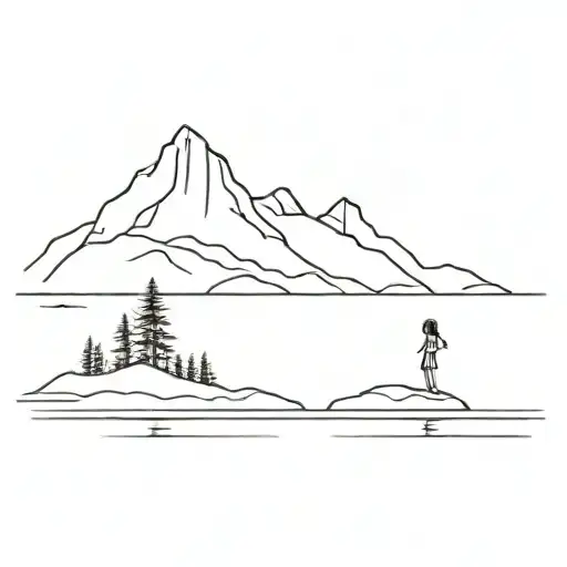 Girl At The Lake Looking At The Sunset Behind A Mountain