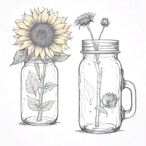 Sunflowers Without A Lot Of Leaves In Tall Mason Jar With Water