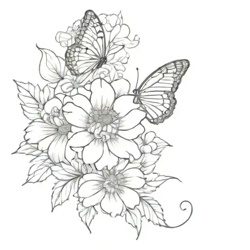 Butterfly Chrysanthemum And Peony Fine Line