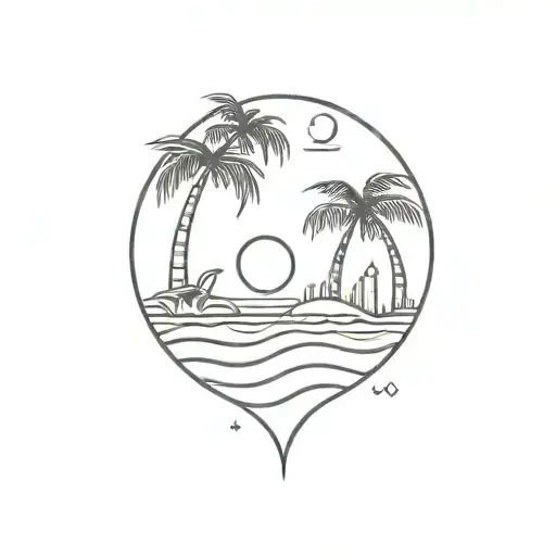 Beach Shark Fin Palm Tree Rising Sun Setting