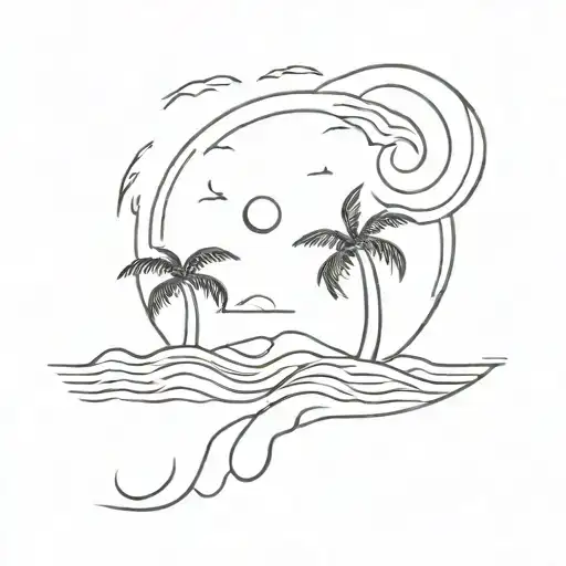 Palm Tree With Moon Sun And Wave