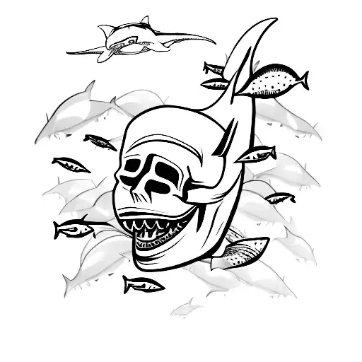 Simple One Line Skull With Shark Swimming Behind It