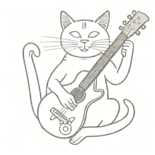 A Minimalist Tattoo Design Of A Cat Playing A Guitar