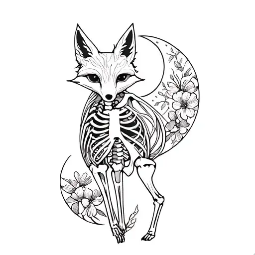 Fox In Full Growth Hugs A Fox Skeleton With Flowers And Moon