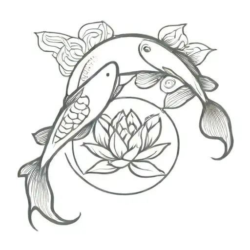 Ying Yang Koi With Lotus Flower Blooming