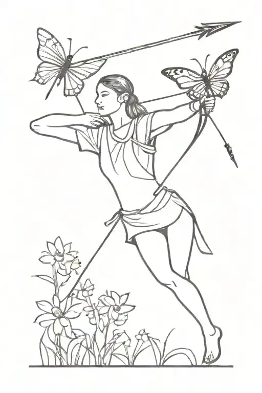 Archer Shooting An Arrow With Three Daisies And A Butterfly And Lion