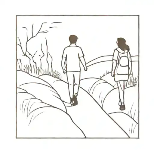 Two People Walking Down A Path Happily Drinking A Coffee