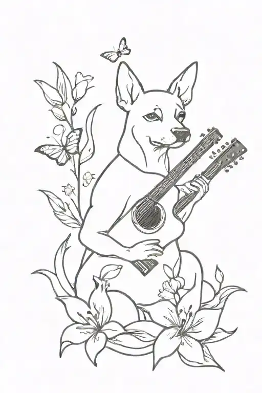 A Dog Playing A Guitar Surrounded By Lilies And Butterflies