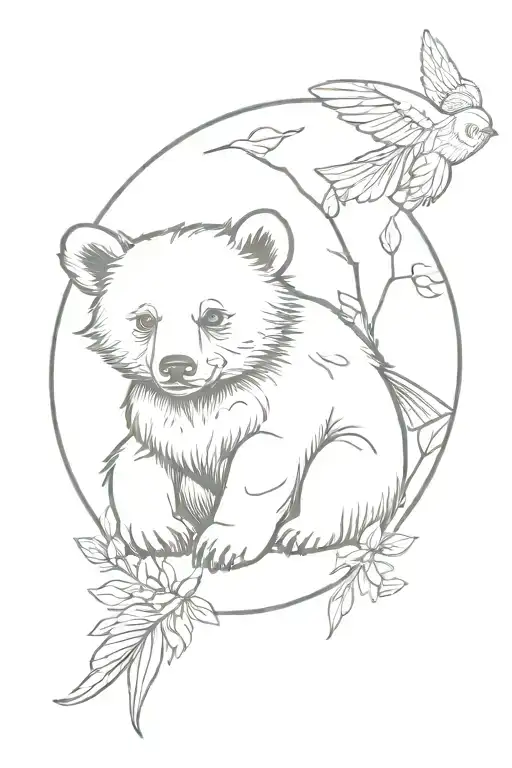 Bear Cub And Hummingbird Sitting