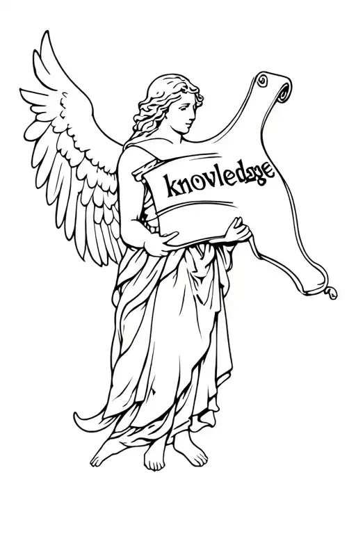 An Angelic Figure Holding A Scroll With The Word 'Knowledge' In A Blackwork Style