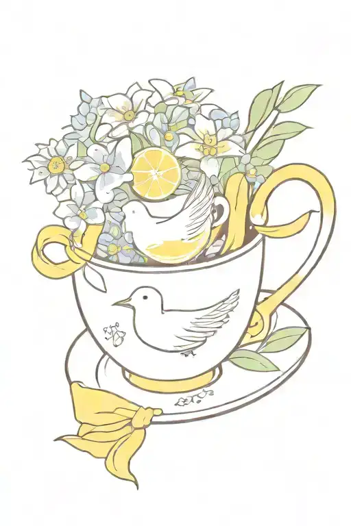 Lemon Tea Cup With Dove Qith Small Yellow Ribbon And Some Forget Me Nots