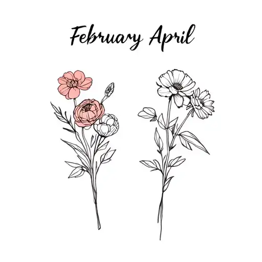February And April Birth Flower Bouquet Fine Line