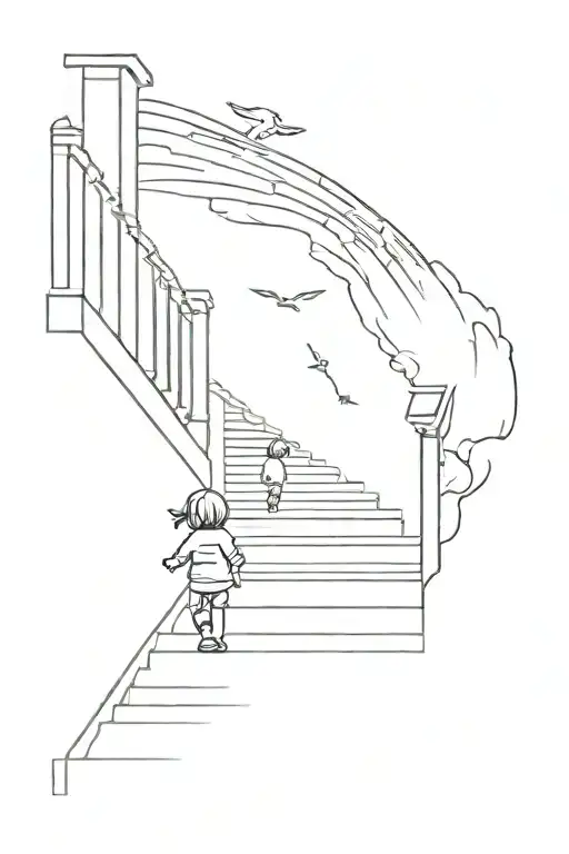 A Little Kid Shadow Figure Walking Up Stairs To Heaven With Gates God And Angels