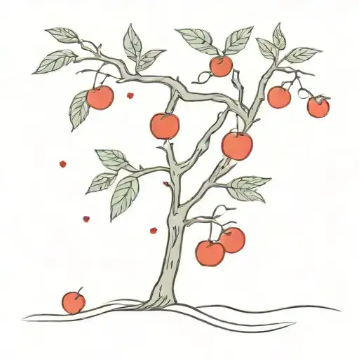 Apple Tree With Small Red Apples Hanging From Branches And Three Smaller Red Apples On The Ground