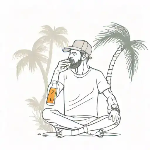 A Guy Drinking W Beer Bottle Under A Palm Tree