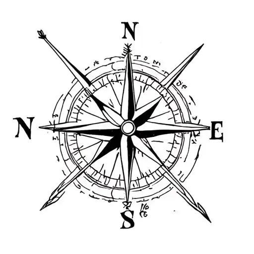 Simple Compass Cross With Arrow Pointing North With Small Lotus Flower In Bottom Right Hand Corner