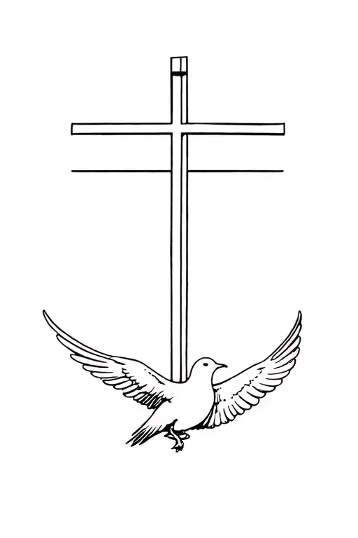 A Christian Cross In Straight Line And In Front Of A Dove Which Has Its Wings Deployed