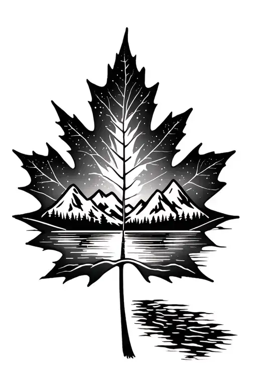Mountain Lake Scene Inside A Maple Leaf