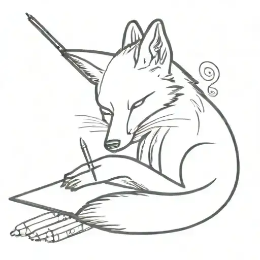 A Minimalist Tattoo Of A Sleeping Fox Surrounded By Drawing Supplies