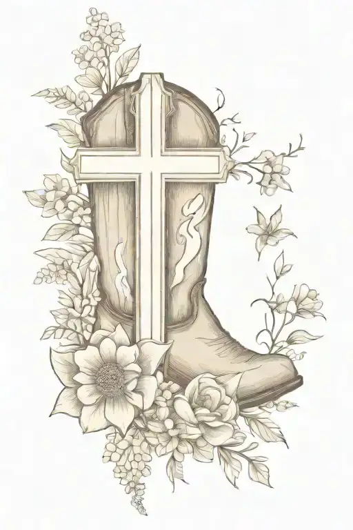 Wooden Cross Coming Out Of Cowboy Boots With A Bouquet Of Wild Flowers