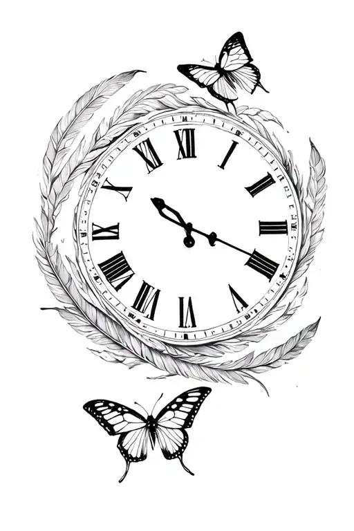 Butterflies And Feathers Surrounding A Clock Face