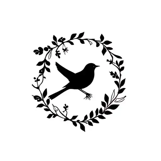 Black Bird In Flower Wreath