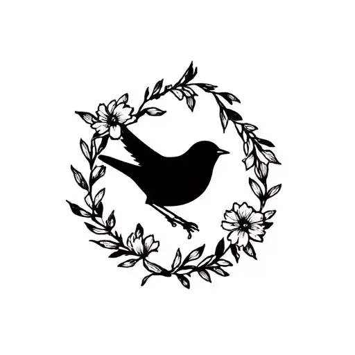 Black Bird In Flower Wreath