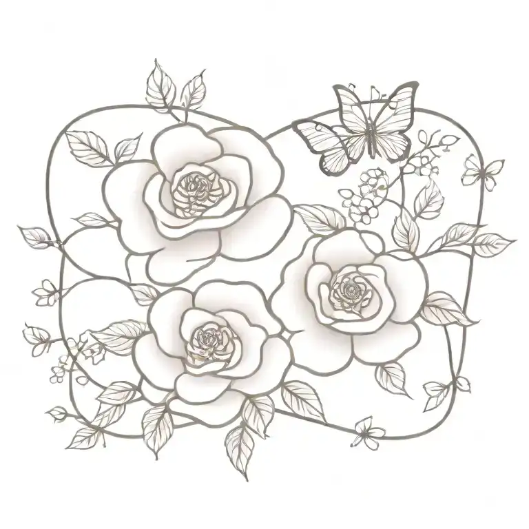 Rose Flower With Cherry Blossom Branch And Butterfly Wrapped
