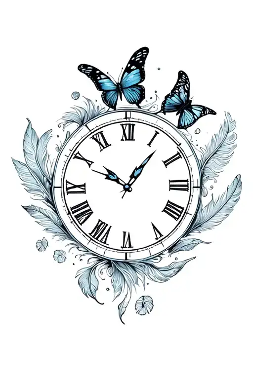 Butterflies And Feathers Surrounding A Clock Face
